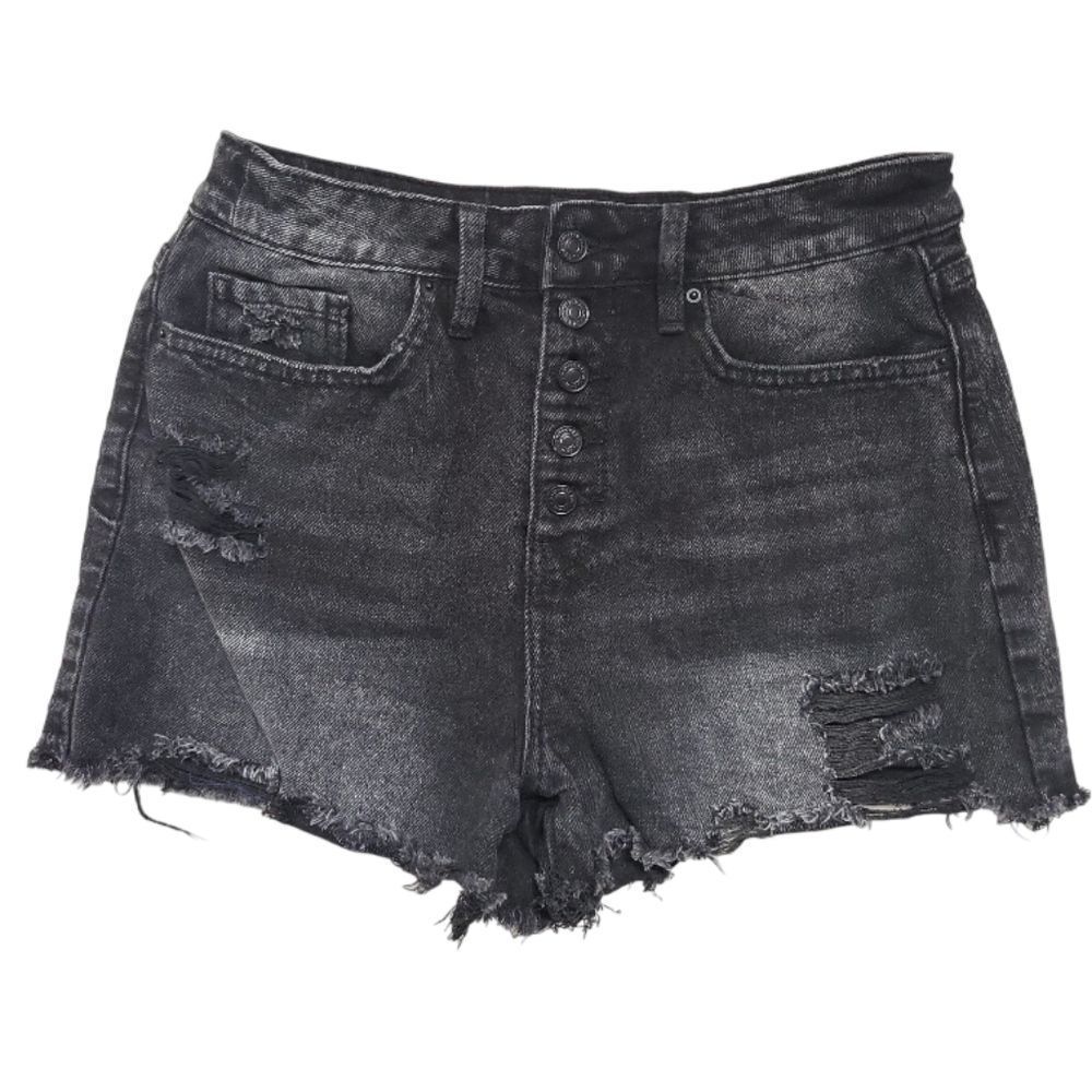 YMI Black Distressed Ripped Raw-Hem Denim Jean 5 Button-Fly Shorts Size 29